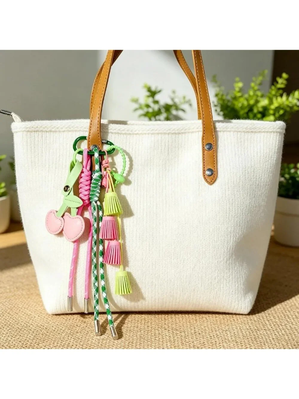 Hand-Woven Nylon Rope Keychain for Women, Pink Green Bag Charm & Accessories